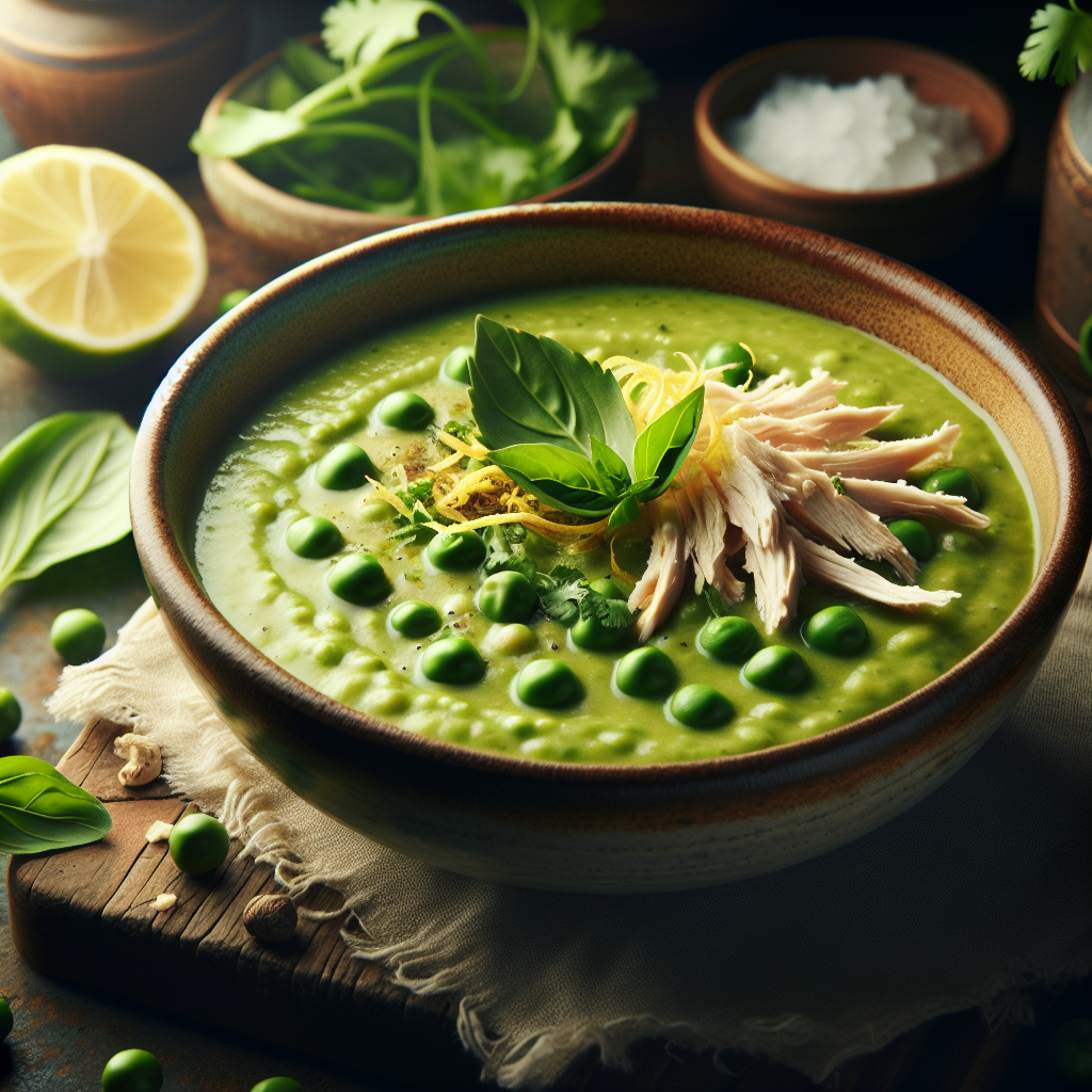 Pea Soup with Basil and Shredded Chicken