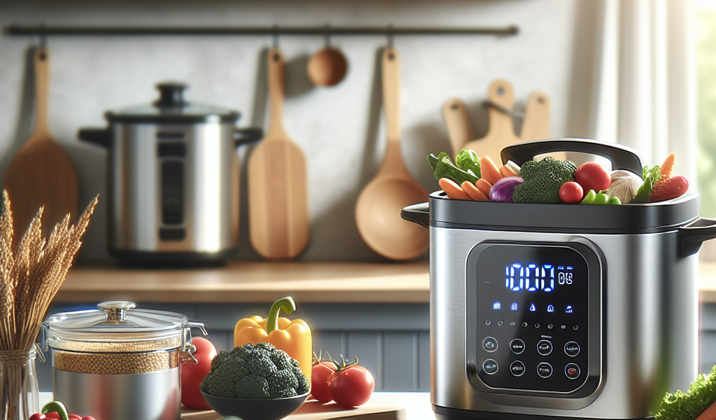 A sleek electric cooker on a countertop surrounded by fresh ingredients, emphasizing convenience and versatility in cooking.