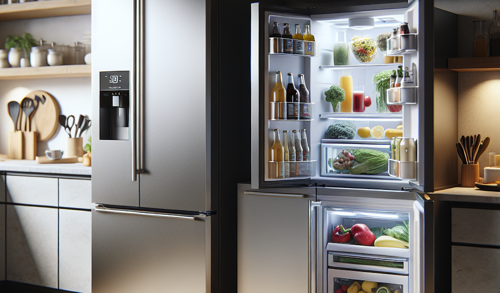 Side-by-side image of a frigobar and a full-sized refrigerator in a stylish kitchen setting