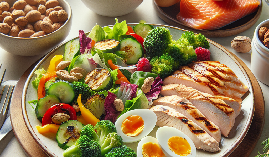 An array of low carb foods including grilled chicken, salmon, salad, eggs, nuts, and yogurt on a wooden countertop, with fresh herbs in the background, illustrating the benefits of a low carb diet.