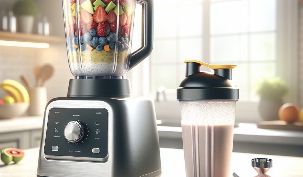 A modern blender filled with a colorful protein shake next to a stylish protein shaker, highlighting the comparison between mixing methods for whey protein in a clean kitchen setting.