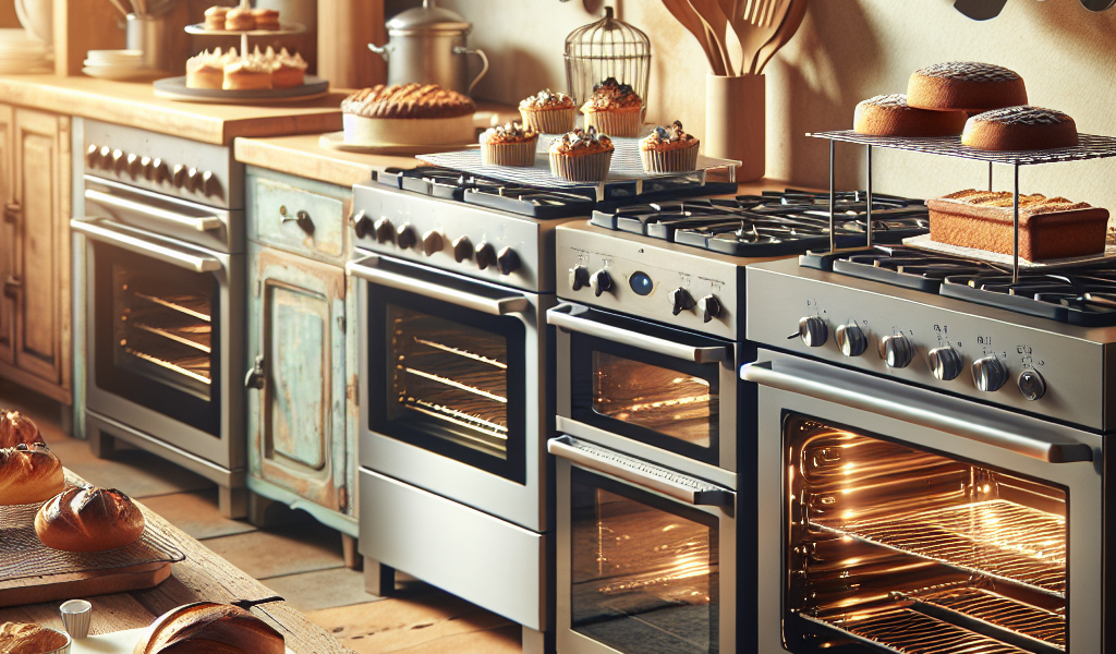 A cozy kitchen with various ovens and baked goods, emphasizing the uniqueness of ovens for baking. Warm lighting and wooden surfaces create an inviting atmosphere.