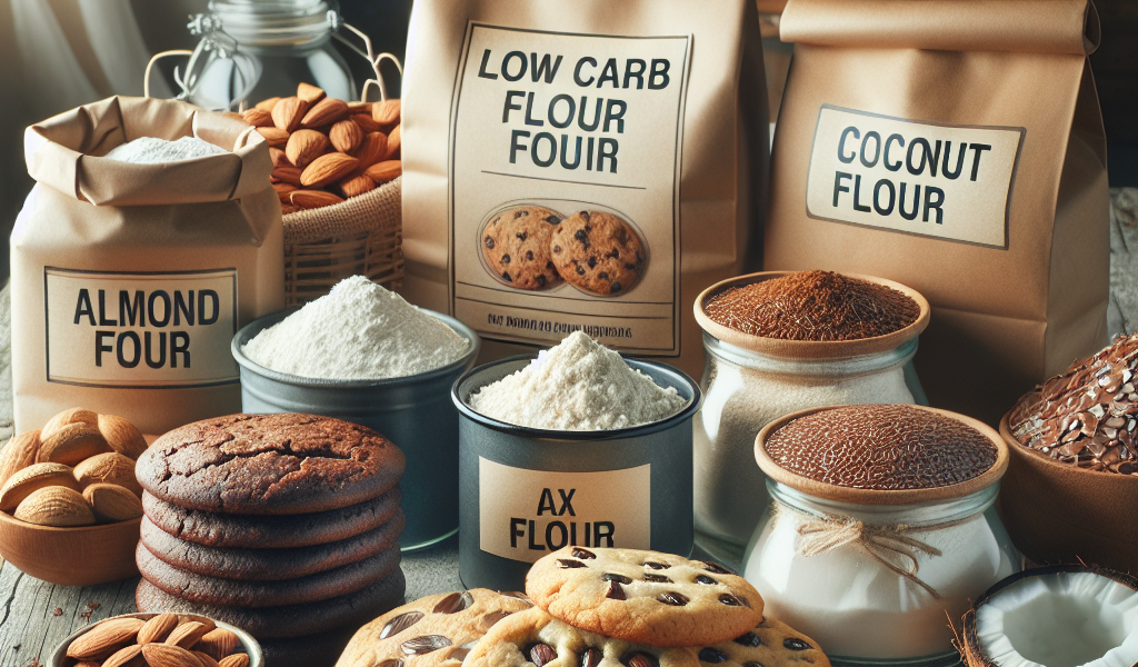 A variety of low carb flours including almond flour, coconut flour, and flaxseed meal displayed with baked goods on a rustic wooden table, showcasing healthy baking options.
