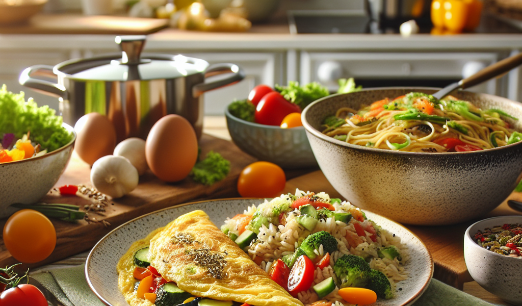 A cozy kitchen scene showcasing beginner-friendly recipes including an omelet, vegetable rice, garlic oil pasta, and a fresh salad.