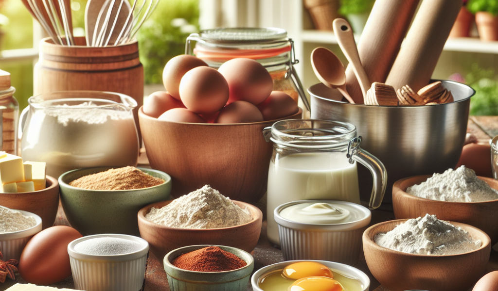 An organized kitchen counter displaying various ingredients for biscuits, including flour, sugar, eggs, and baking tools, set in a warm and inviting baking environment.