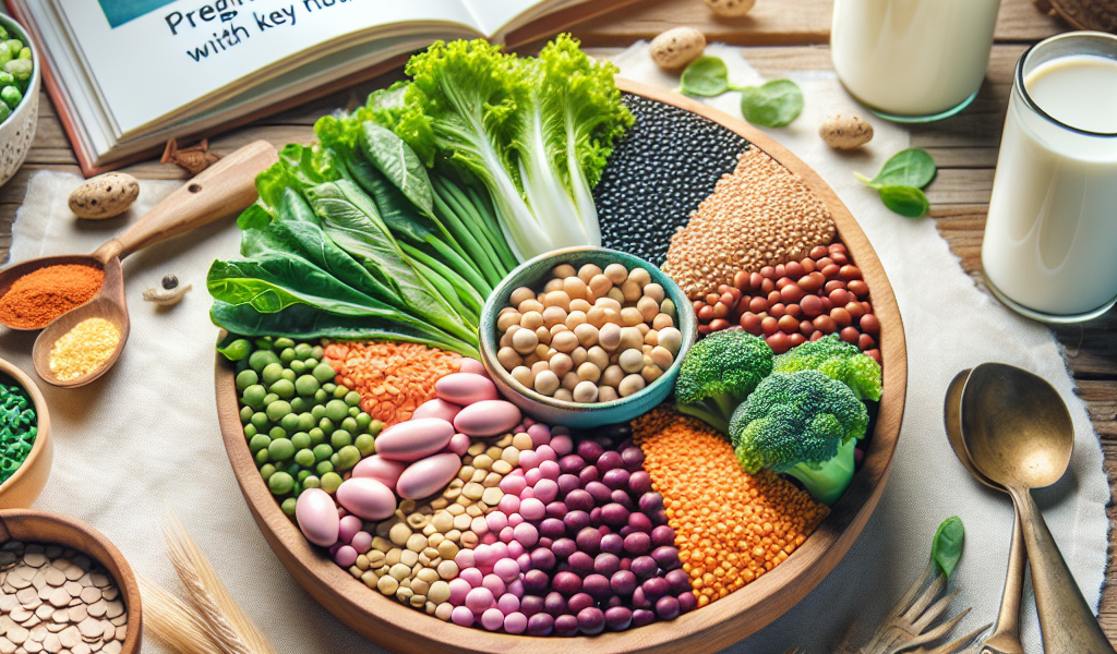 An assortment of fresh foods for a pregnancy diet, including leafy greens, lentils, and dairy products arranged on a wooden table.