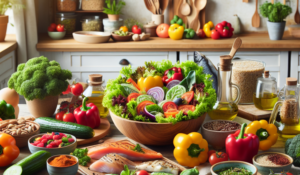 A colorful kitchen scene showcasing fresh fruits, vegetables, lean proteins, whole grains, and healthy fats, emphasizing the importance of a balanced diet.